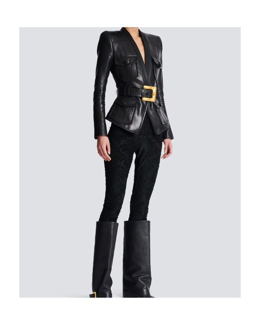Balmain Black Belted 4 Pokets Fitted Lambskin Jacket