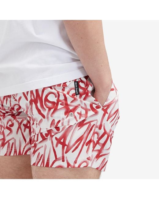 Palm Angels Red Graffiti Printed Drawstring Swim Shorts for men