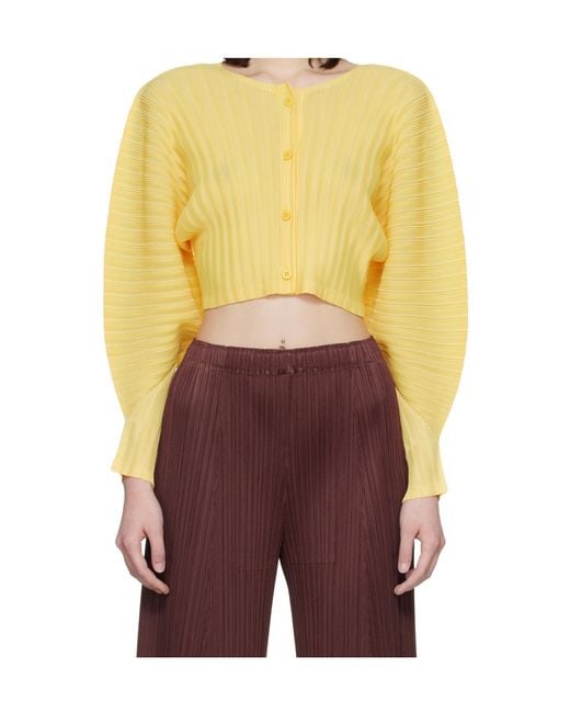 Pleats Please Issey Miyake Yellow Pleated Knit Cardigan