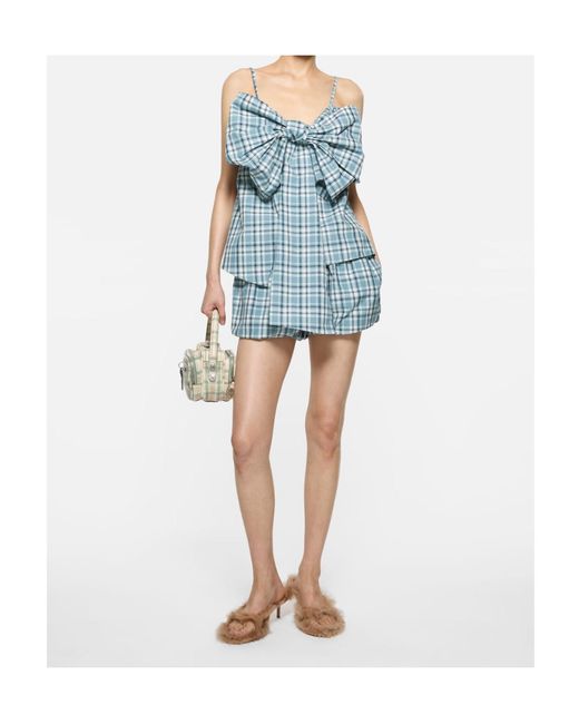 Acne Blue Check-Pattern Bubble Shorts