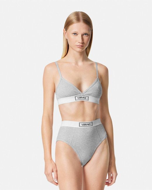 Versace Gray Logo-Patch V-Neck Bra