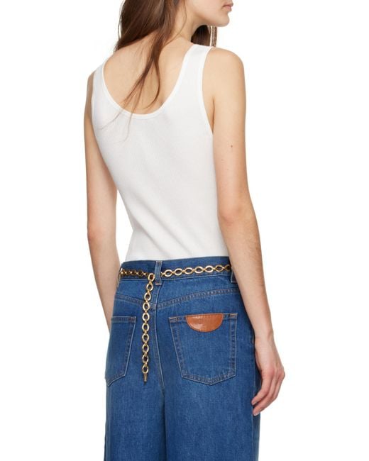 Chloé White Chloé Logo Embroidered Ribbed Tank Top