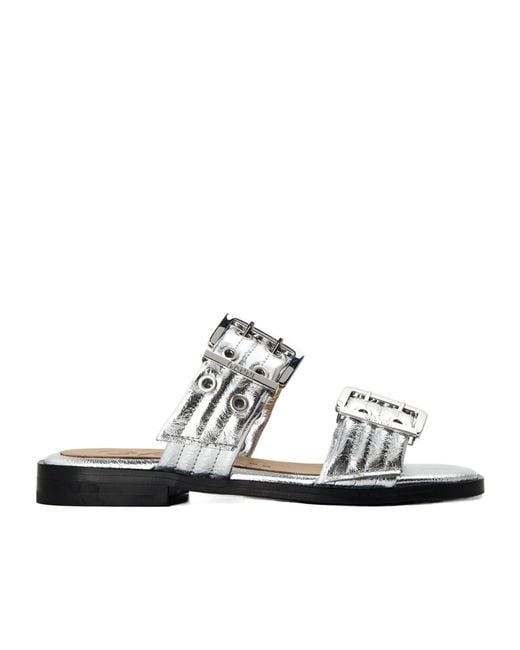 Ganni White Buckle Slippers