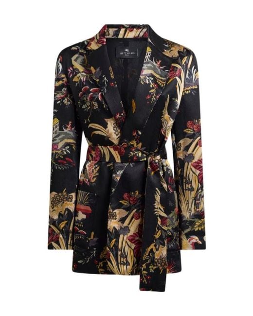 Etro Black Envers Satin Jacket With Belt And Flower And Animal Motif