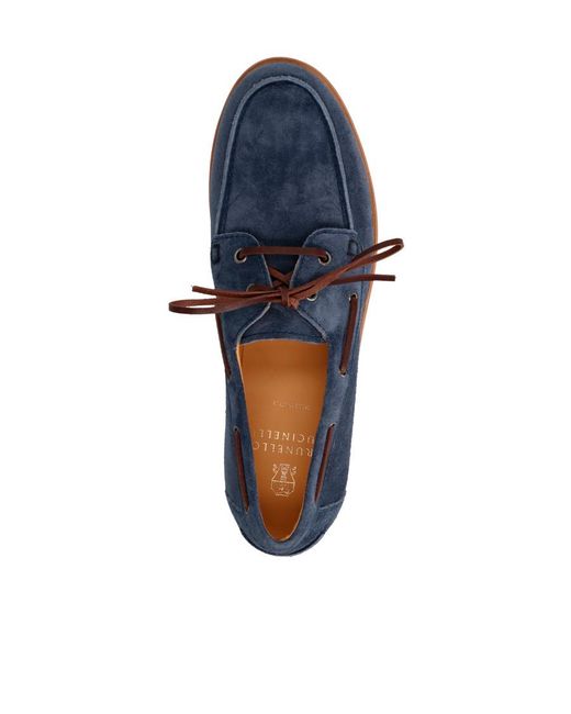 Brunello Cucinelli Blue Lace-Up Suede Boat Shoes for men