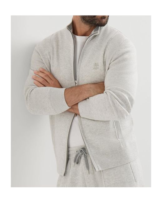 Brunello Cucinelli White Cashmere Double Knit Cardigan With Zipper And Logo for men