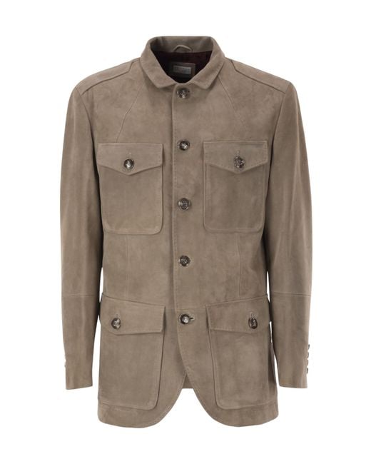 Brunello Cucinelli Brown Suede Leather Safari Jacket for men
