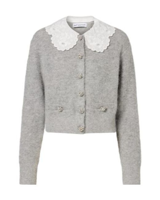 Self-Portrait Gray Embellished Lace-Trimmed Cardigan