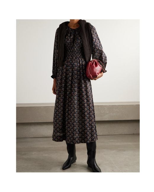Doen Black Delfina Shirred Floral-Print Organic Cotton-Voile Midi Dress