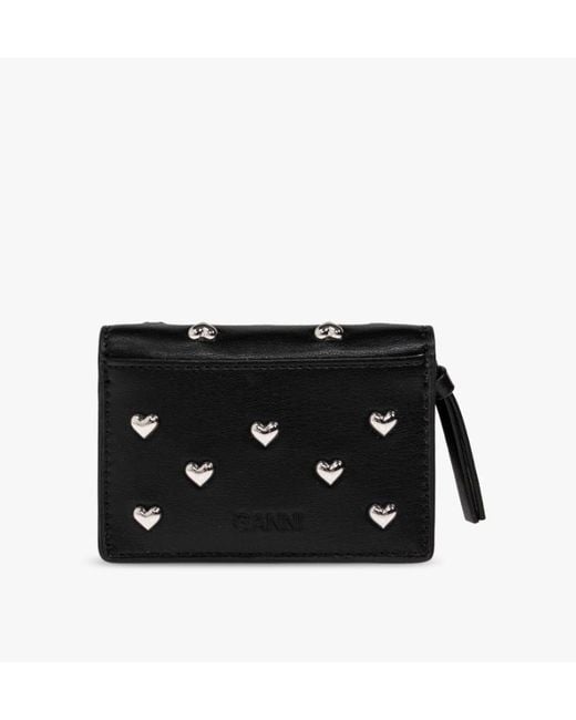 Ganni Black Bou Heart-Stud Wallet