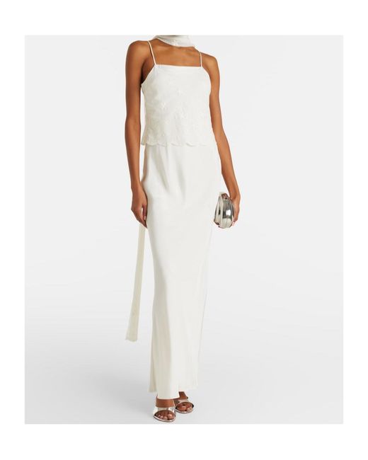Posse White Cove Tulle-Trimmed Silk-Blend Satin Maxi Dress