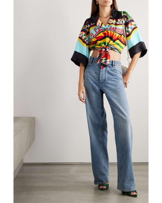 Dolce & Gabbana Green Graphic-Print Tied-Waist Cropped Shirt