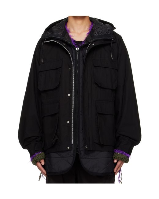 Sacai Black Zipped Hooded Coat for men