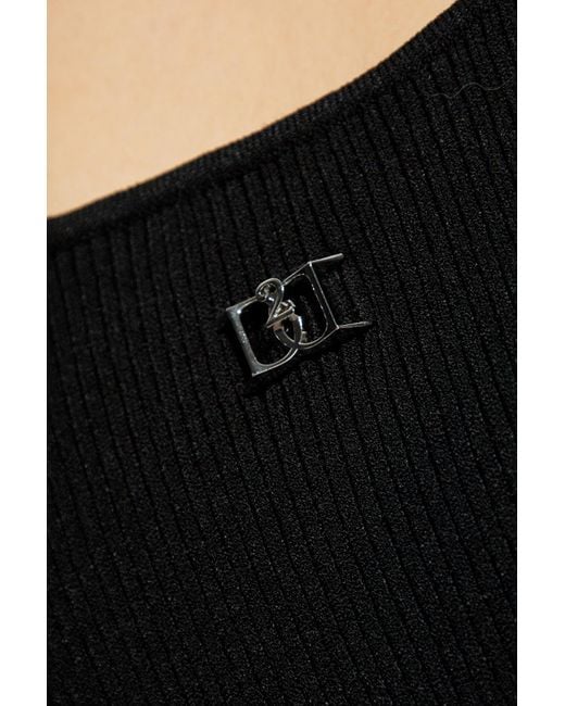 DSquared² Black Logo Plaque V-Neck Ribbed Cropped Top