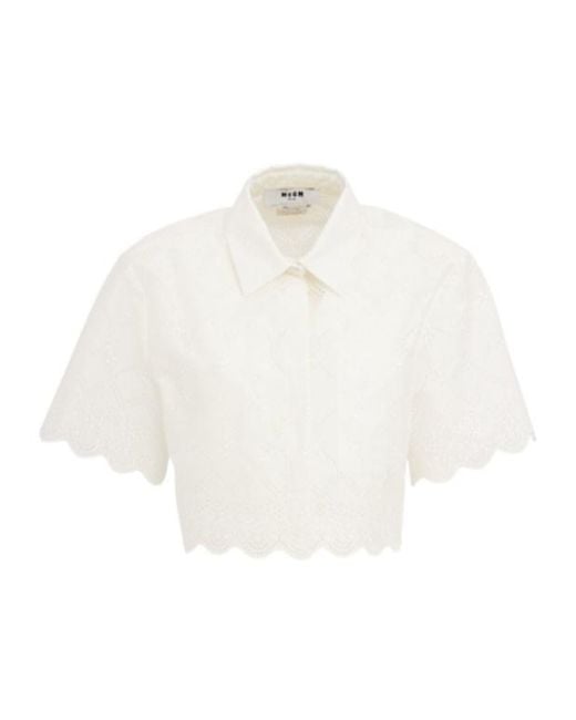 MSGM White Cropped Eyelet Lace Shirt