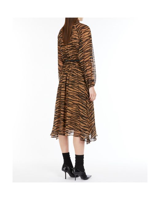 Max Mara Brown All-Over Printed Belted Long-Sleeved Dress