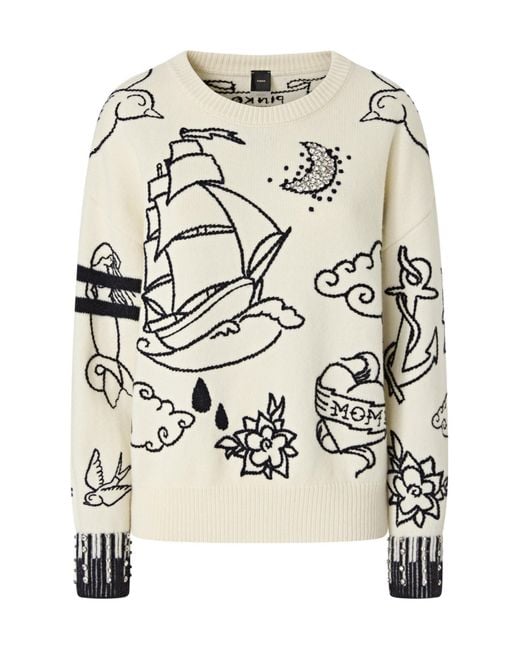 Pinko White Motif Intarsia Knitted Jumper