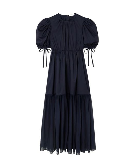Ulla Johnson Blue Collage Gathered Cotton-Poplin And Silk-Georgette Midi Dress