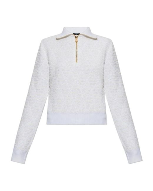 Balmain White Half-Zip Textured-Knit Sweater