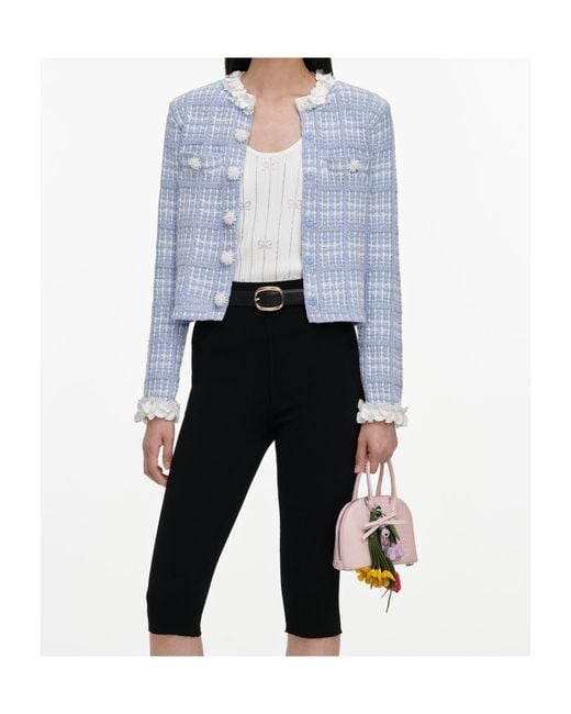 Self-Portrait Blue Check Knit Beaded Jacket
