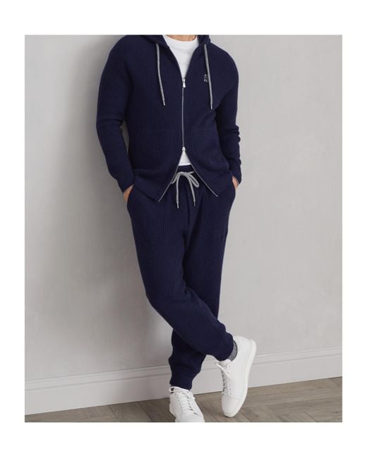 Brunello Cucinelli Blue Logo Embroidered Zipped English Rib Knit Hooded Sweatshirt for men