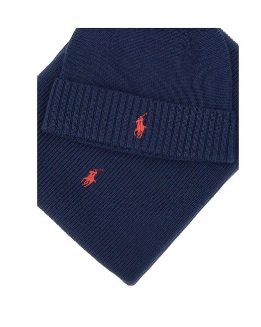 Ralph Lauren Blue Polo Pony-Motif Scarf And Beanie Set for men
