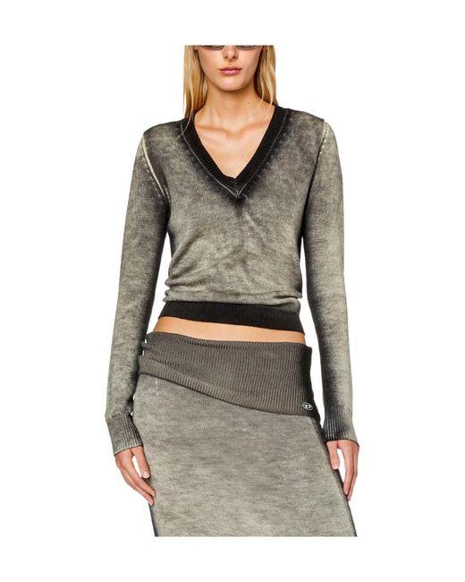 DIESEL Gray Faded-Trim V-Neck Jumper