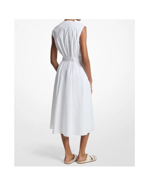 MICHAEL Michael Kors White Stretched Poplin Belted Midi Dress