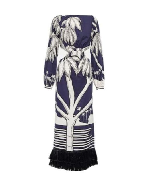 Johanna Ortiz Blue Printed Fringe-Trimmed Cotton Maxi Dress