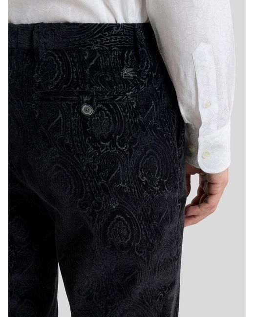 Etro Blue Cotton Velvet Trousers With Arnica Motif for men