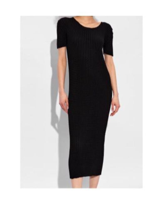 Issey Miyake Black Seersucker Short-Sleeve Midi Dress
