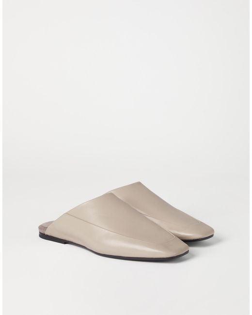 Brunello Cucinelli White Square-Toe Leather Flat Mules