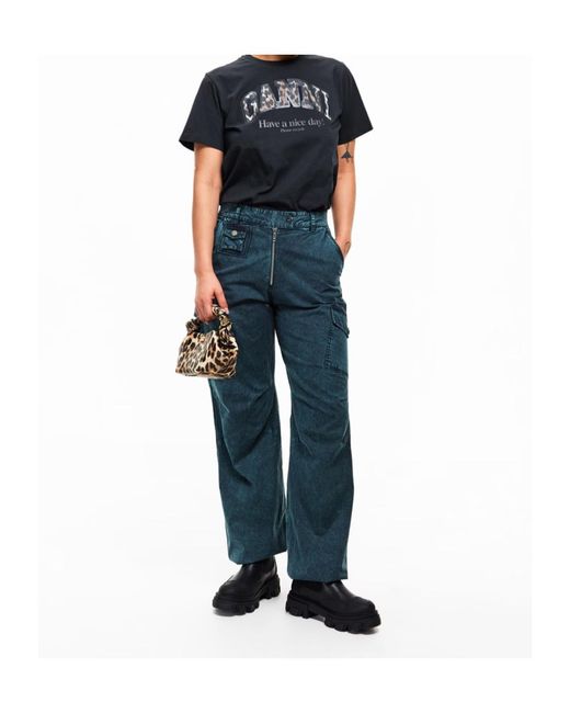 Ganni Blue Cotton Straight Leg Trousers
