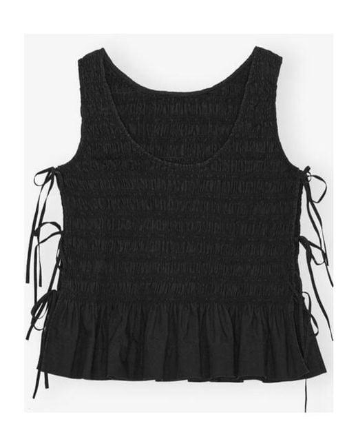 Ganni Black Cotton Smock Tie Top