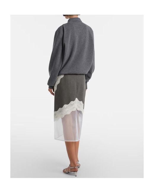 Jil Sander Gray Lace-Trimmed Wool Midi Skirt