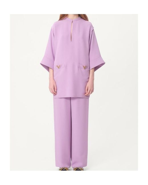 Valentino Purple Logo Plaque Three-Quarter-Sleeved Blouse