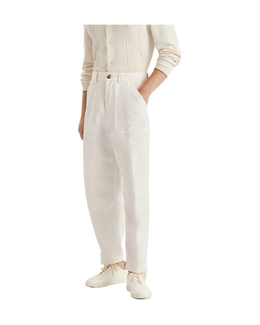 Brunello Cucinelli White Buttoned Straight Leg Trousers for men