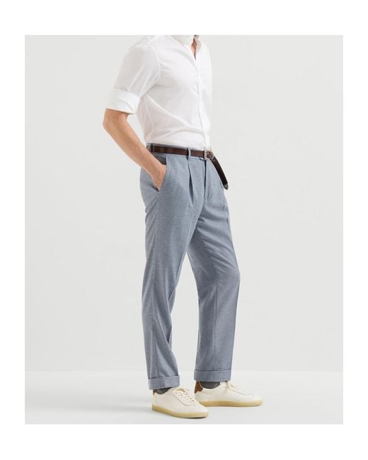 Brunello Cucinelli Gray Cashmere And Silk Houndstooth Flannel Trousers With Pleat for men