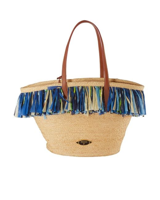 Emilio Pucci Blue Pucci Puccing Logo Plaque Fringed Beach Bag