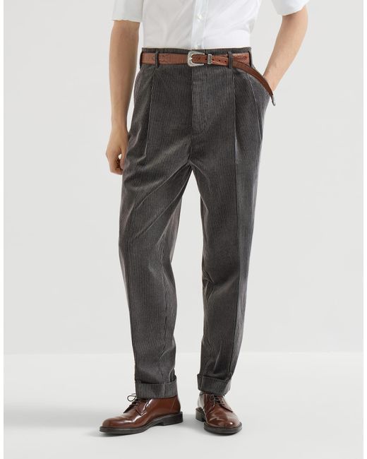 Brunello Cucinelli Gray Frosted Cotton Corduroy Trousers With Double Pleats for men