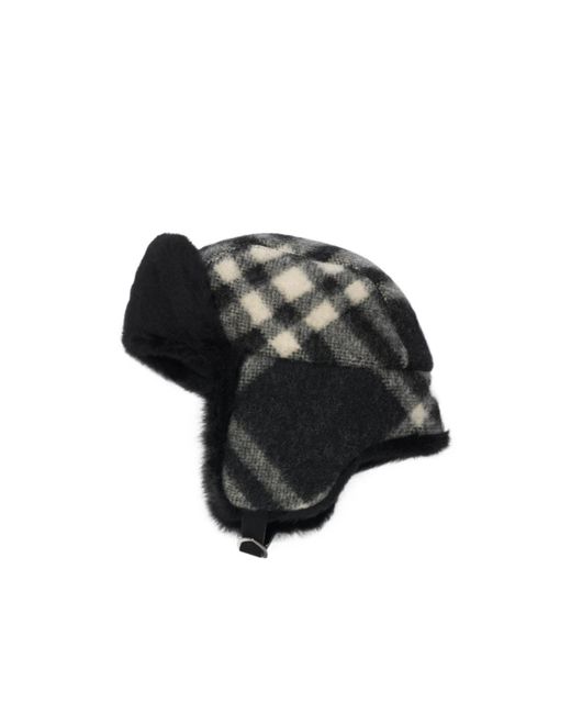 Burberry Black Checked Tribar Trapper Hat for men