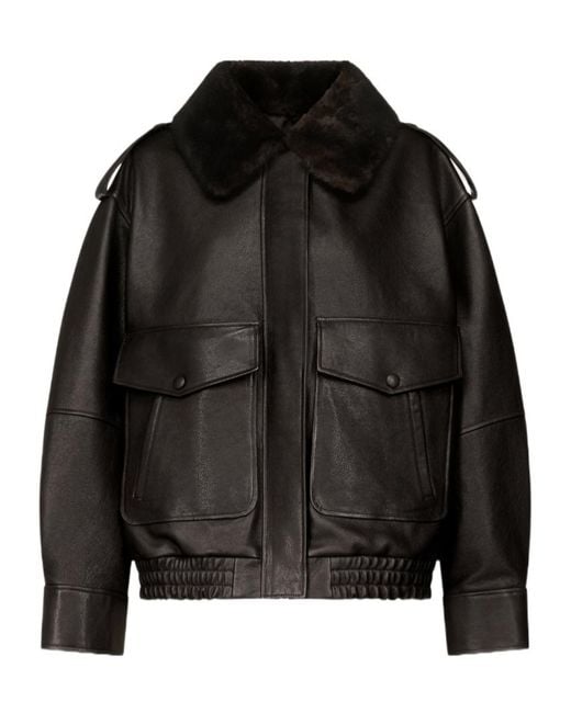 Loulou de Saison Black Russo Leather Bomber With Shearling Collar