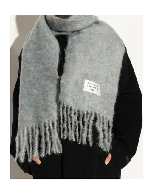Acne Blue Logo Patch Fringed-Edge Scarf