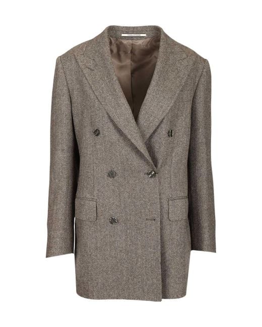 Tagliatore Gray V-Neck Double Breasted Herringbone Blazer