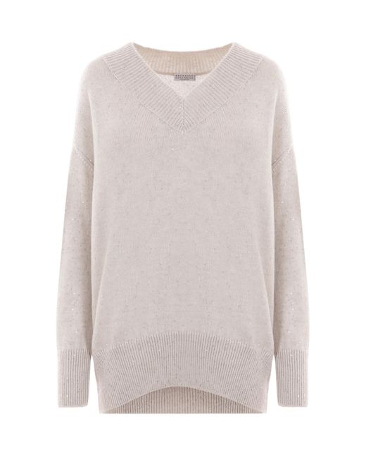Brunello Cucinelli White V-Neck Sequin Embellished Knitted Jumper