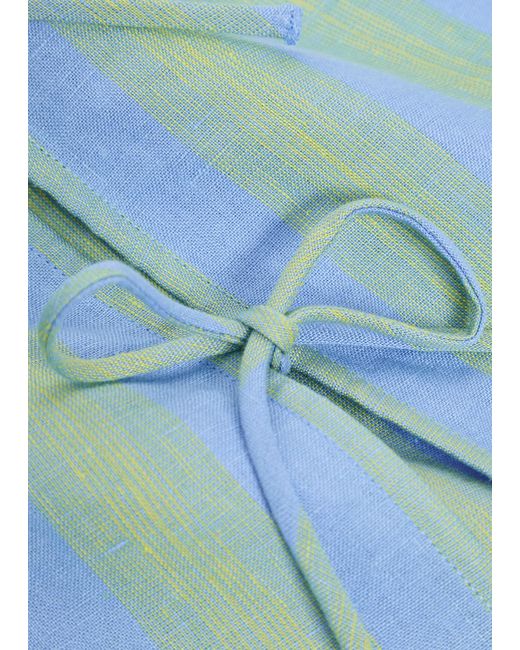 Staud Blue Ava Striped Tie-Front Linen Blouse