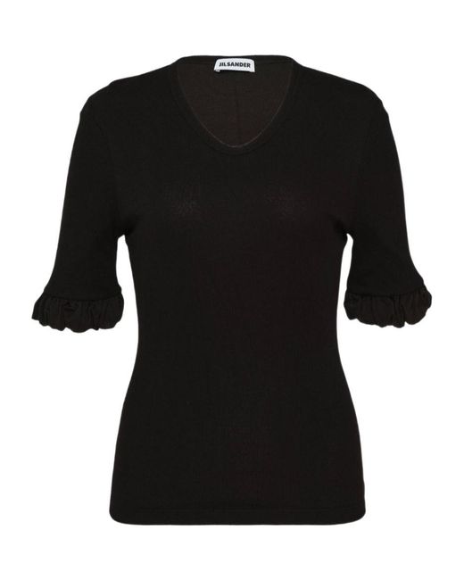 Jil Sander Black Ruffled-Cuff V-Neck Ribbed Top