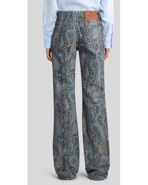 Etro Blue Flared Denim Jeans With Floral Paisley Motif