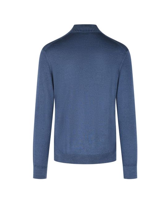 Gran Sasso Blue Ribbed Collar Zip Knitted Sweater for men