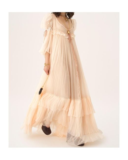 Chloé Natural Oversized Long Ruffled Tulle Dress